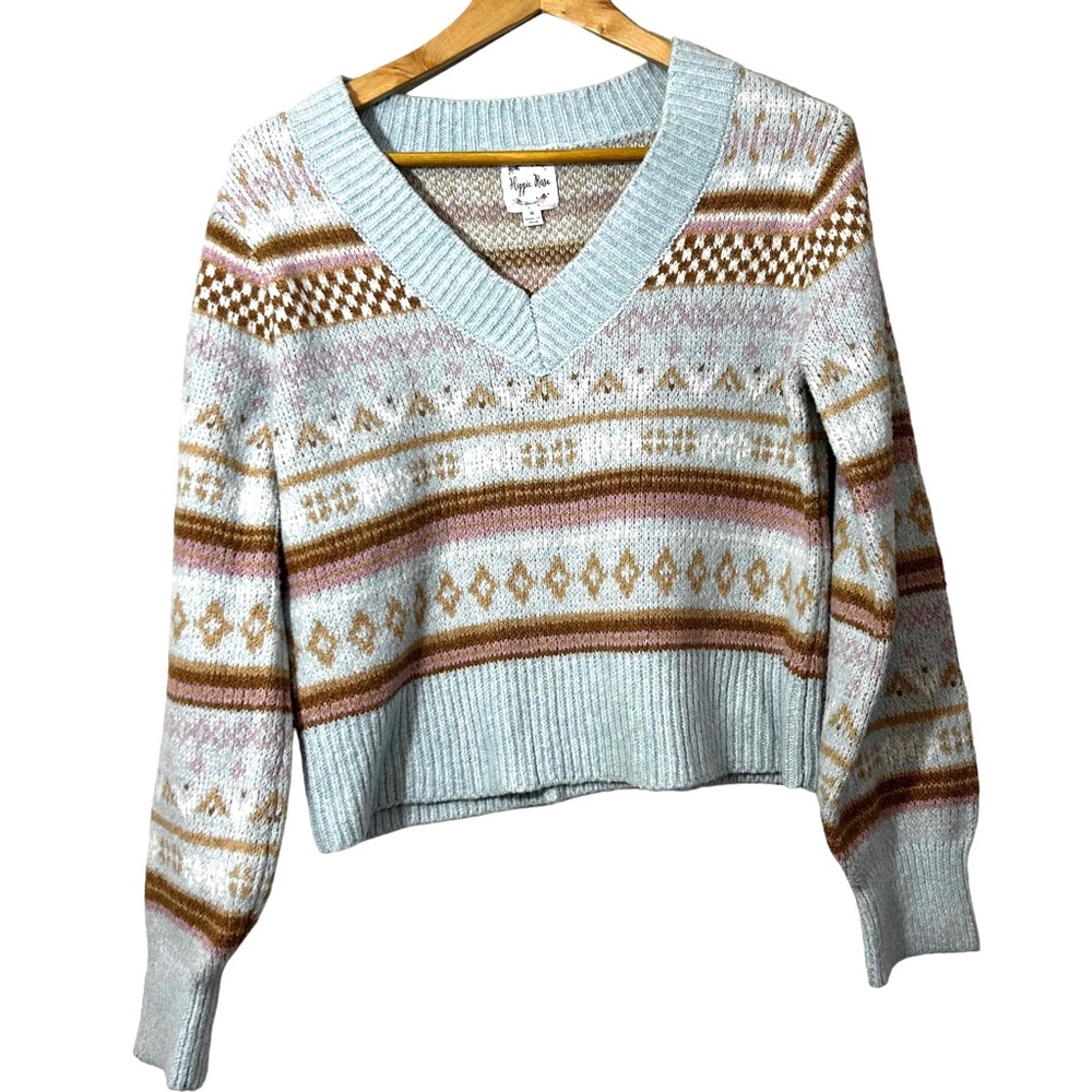 🩵Hippie Rose Blue Fair Isle Cropped Sweater Size M V Neck